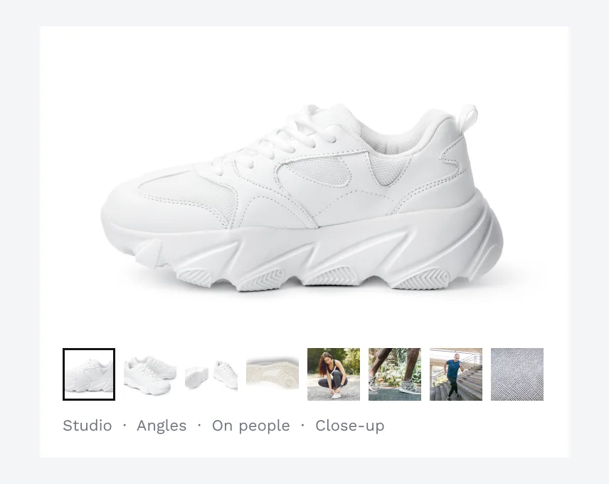 The same page with eight thumbnails: studio, angles, the sneaker on people and a close-up of the mesh.