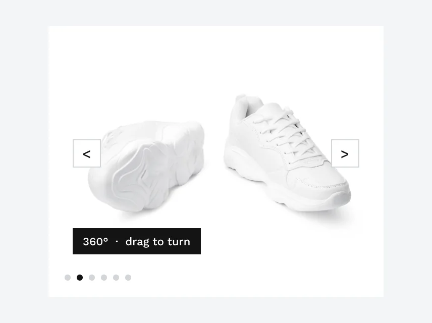 The sneaker photo with left and right arrows, a “360° · drag to turn” control and a position indicator.