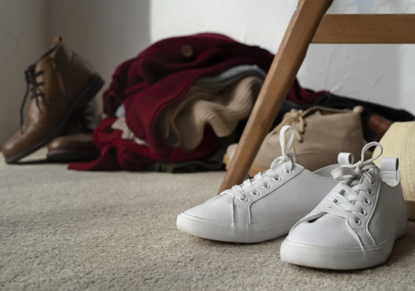 White sneakers on a carpet among shoes, clothes and a chair.