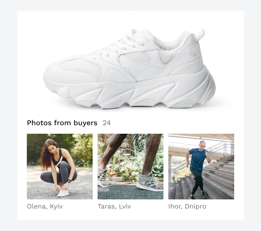 A studio shot followed by “Photos from buyers, 24”: three buyers wearing the sneaker, signed Olena, Kyiv; Taras, Lviv; Ihor, Dnipro.