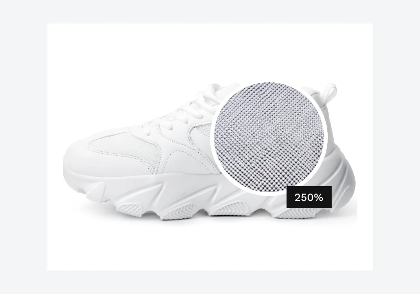 A round lens over the sneaker showing the mesh at 250%.