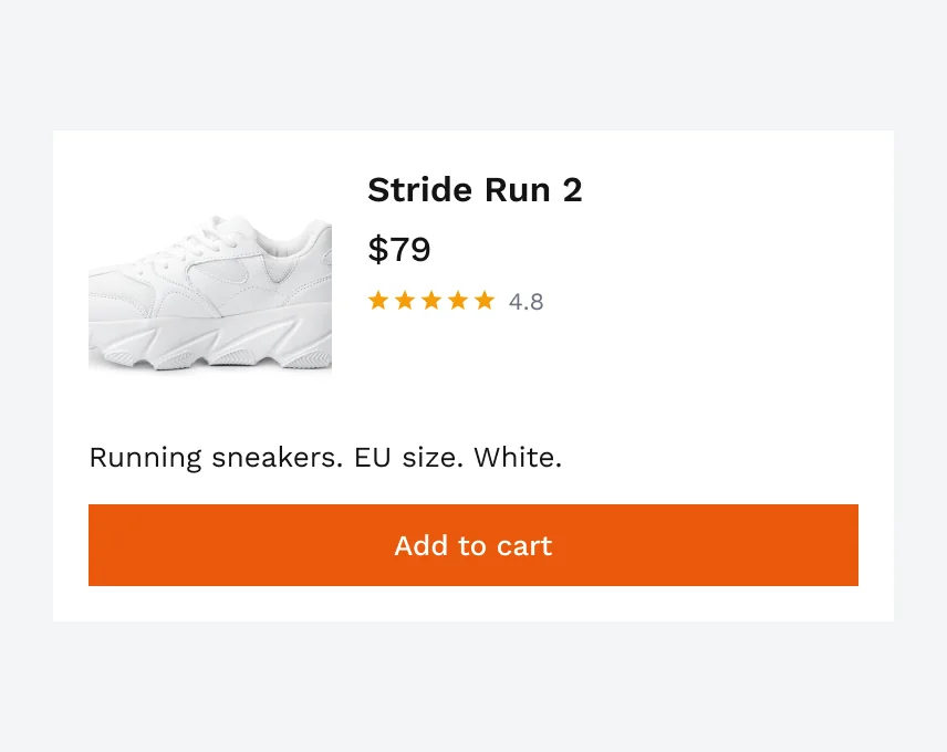 Product card for Stride Run 2, $79, rated 4.8, with the line “Running sneakers. EU size. White.” above Add to cart.