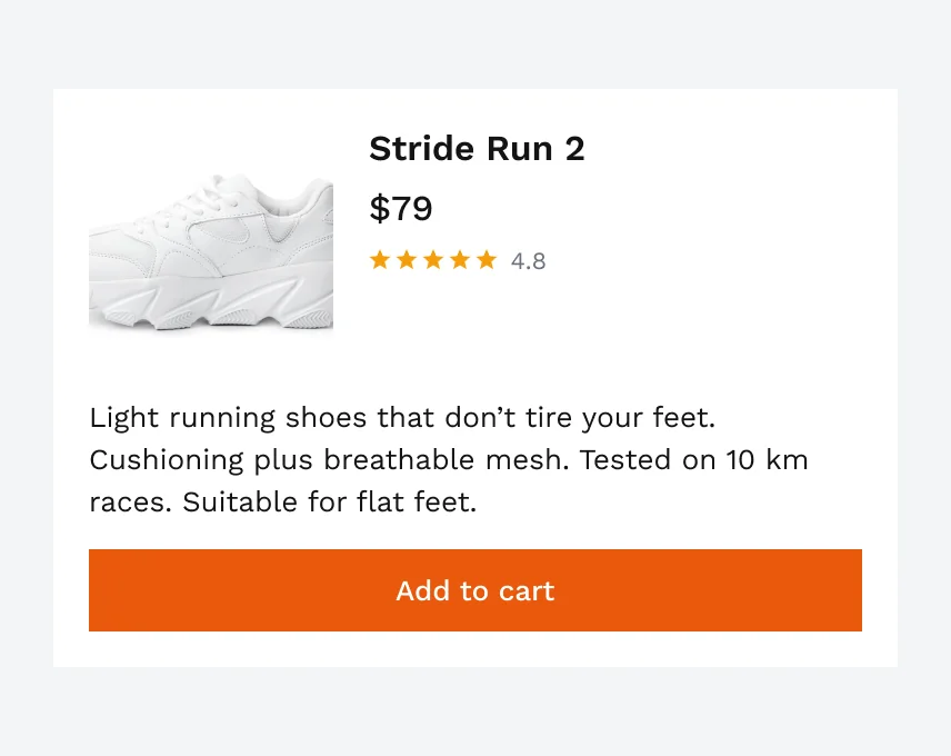 The same card with “Light running shoes that don’t tire your feet. Cushioning plus breathable mesh. Tested on 10 km races. Suitable for flat feet.”