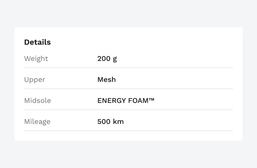 A “Details” list: weight 200 g, upper mesh, midsole ENERGY FOAM™, mileage 500 km.