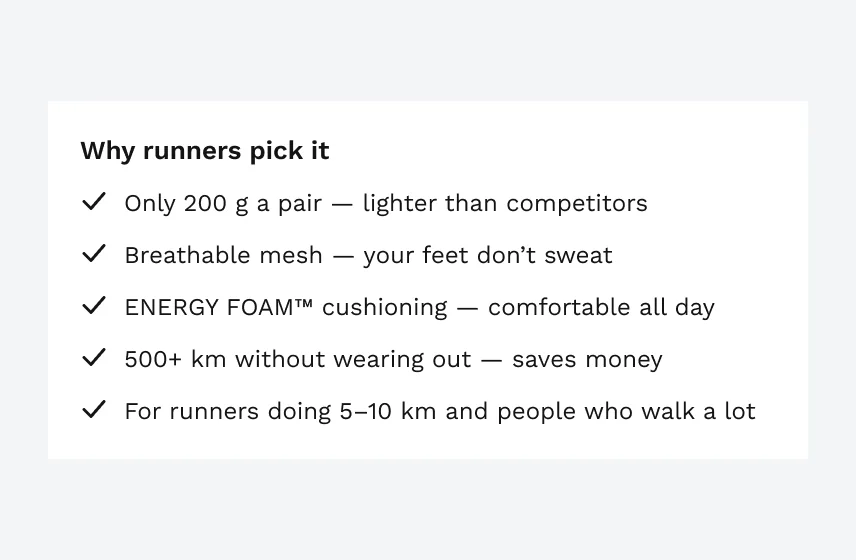 “Why runners pick it”: only 200 g a pair, lighter than competitors; breathable mesh, your feet don’t sweat; ENERGY FOAM™ cushioning, comfortable all day; 500+ km without wearing out, saves money; for runners doing 5–10 km and people who walk a lot.