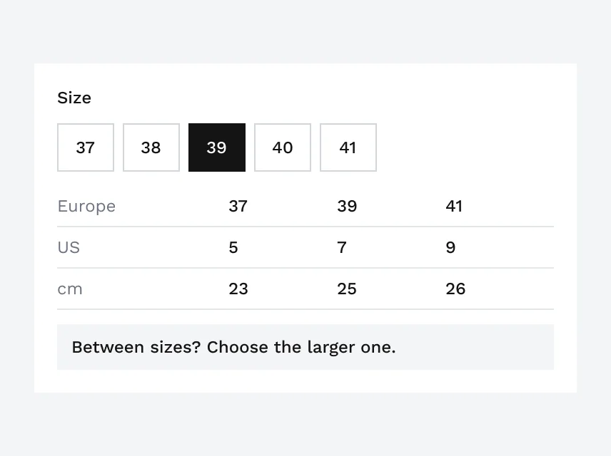 Size buttons 37 to 41 with a chart of European, US and centimetre sizes and the note “Between sizes? Choose the larger one.”