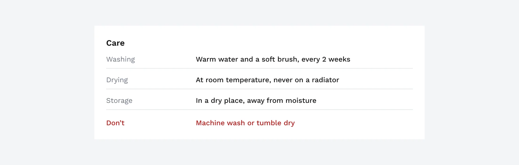 “Care” table: washing, warm water and a soft brush every 2 weeks; drying, at room temperature, never on a radiator; storage, in a dry place away from moisture; don’t, machine wash or tumble dry.