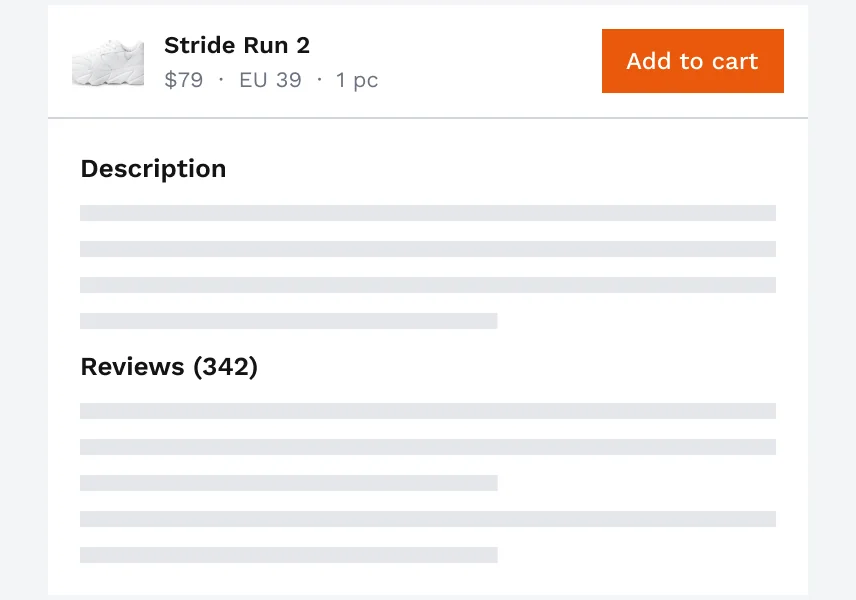 The same scrolled page with a bar on top: Stride Run 2, $79, EU 39, 1 pc and Add to cart.