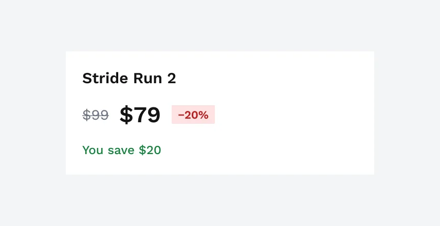 Stride Run 2 with the old price $99 crossed out, $79, a −20% badge and “You save $20”.