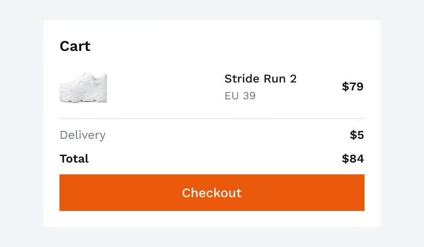 A mock cart: Stride Run 2, $79, delivery $5, total $84 and Checkout.