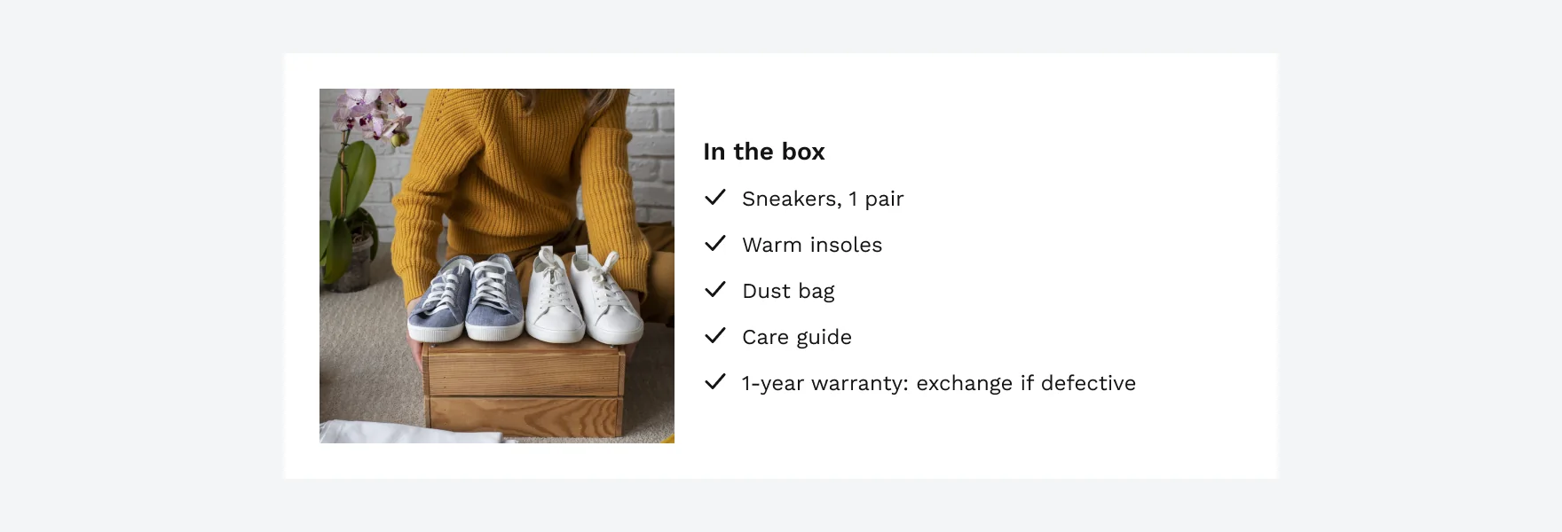 A photo of the box with the list “In the box”: sneakers, 1 pair; warm insoles; dust bag; care guide; 1-year warranty, exchange if defective.