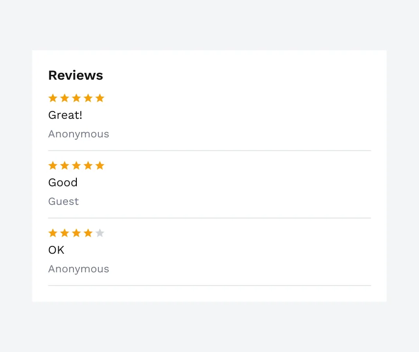 Three reviews: “Great!”, “Good” and “OK”, signed Anonymous and Guest.