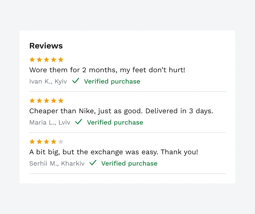 Three reviews with name, city and a Verified purchase mark, including a four-star one: “A bit big, but the exchange was easy. Thank you!”