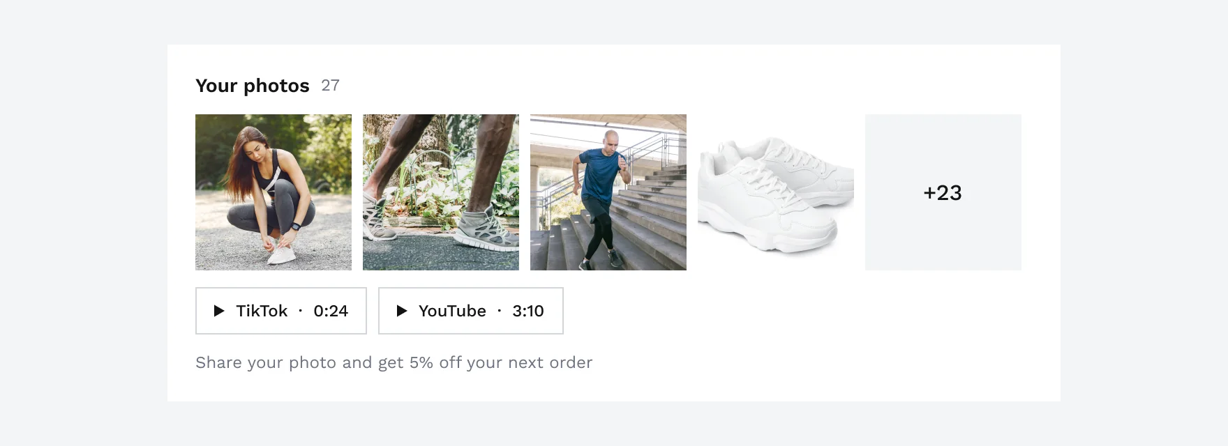 “Your photos, 27”: buyer photos with +23 more, links to a TikTok video and a YouTube video, and “Share your photo and get 5% off your next order”.