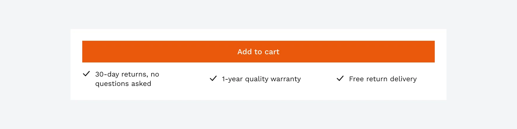 Under Add to cart: 30-day returns, no questions asked; 1-year quality warranty; free return delivery.