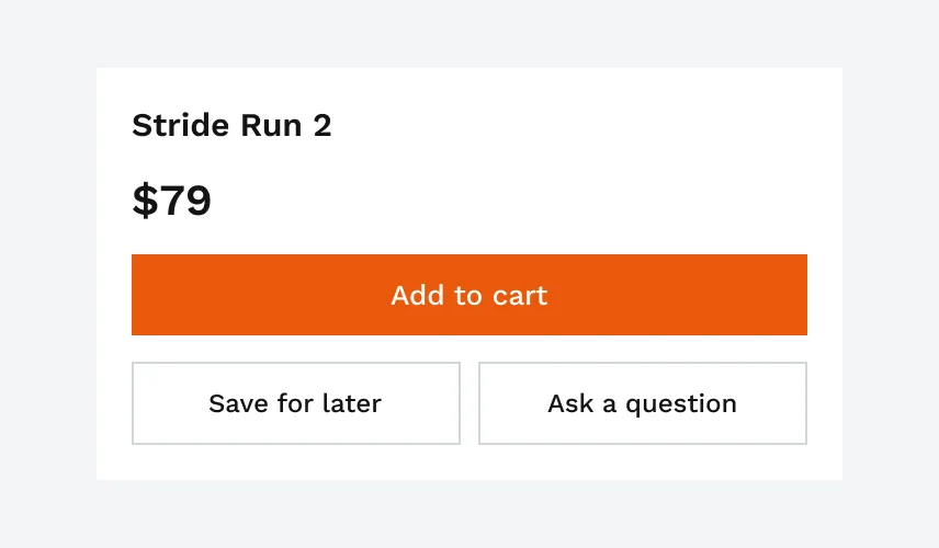 Stride Run 2, $79, Add to cart and two more buttons: Save for later and Ask a question.