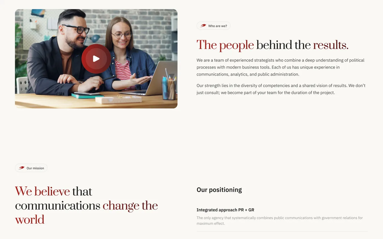 About page: a video of two team members at work with a red play button, beside “The people behind the results.” and two paragraphs; below it the mission “We believe that communications change the world”.
