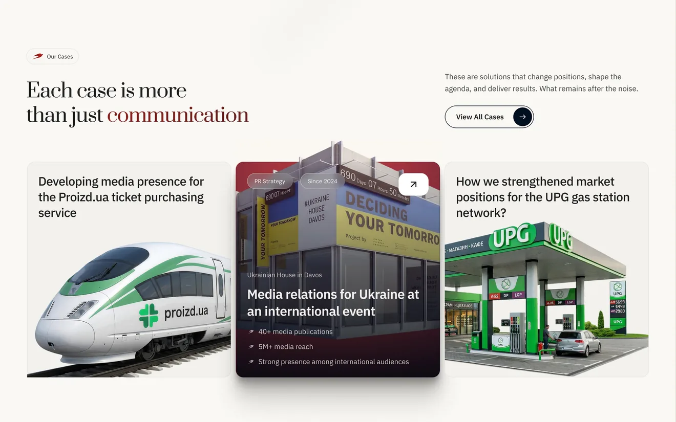 Home page, cases block: “Each case is more than just communication” and three case cards — media presence for Proizd.ua, media relations for the Ukrainian House in Davos with 40+ media publications and 5M+ media reach, and market positions for the UPG gas station network.