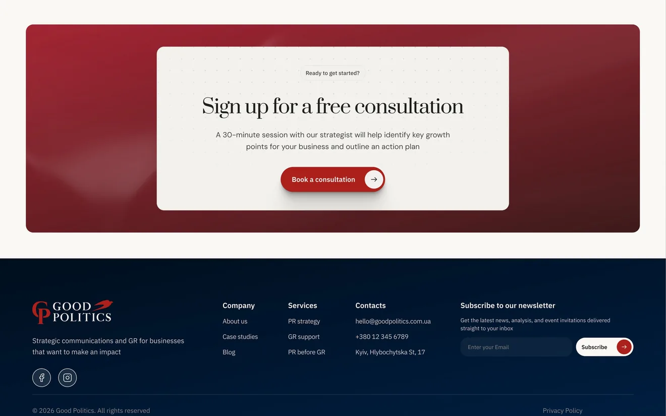 The end of the home page: a red plate “Sign up for a free consultation” offering a 30-minute session with a strategist and a “Book a consultation” button, above the navy footer with the email, phone and Kyiv address.