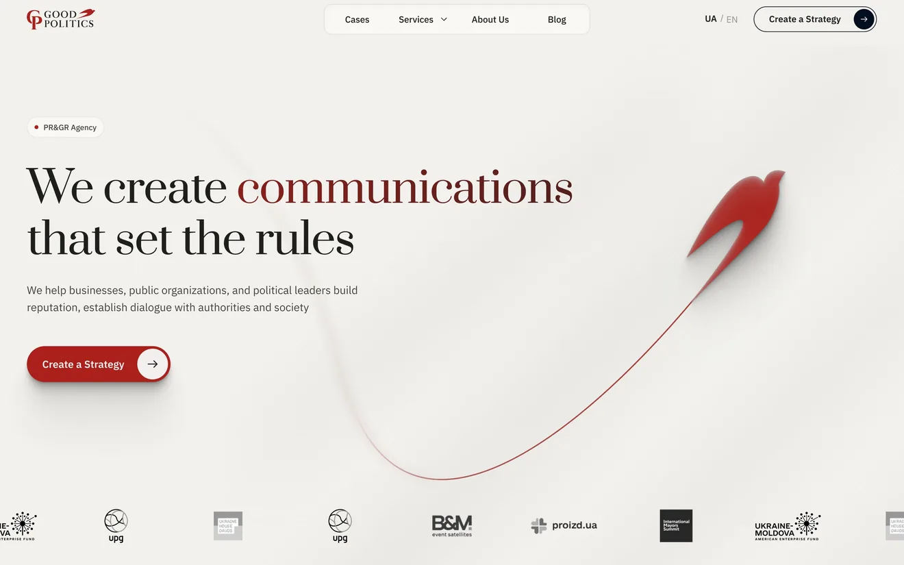 The new home page, first screen: “We create communications that set the rules” with “communications” in red, a red swallow whose trail curves down to a row of client logos, and a red “Create a Strategy” button.