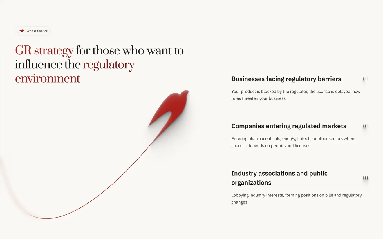 Service page block “GR strategy for those who want to influence the regulatory environment”, with three situations: businesses facing regulatory barriers, companies entering regulated markets, and industry associations and public organizations.
