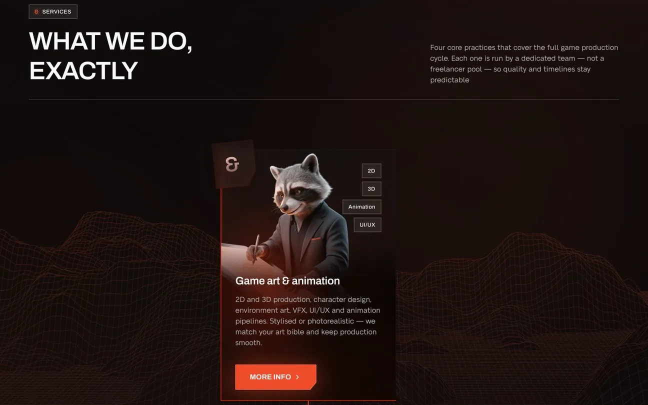 Home page block “What we do, exactly”: one service card, Game art and animation, over a wireframe landscape.