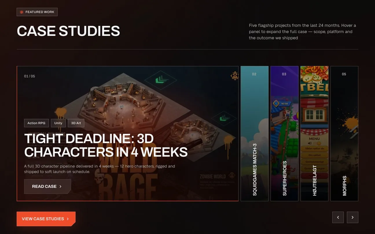 Home page block “Case studies”: the open panel “Tight deadline: 3D characters in 4 weeks” and four closed panels beside it.