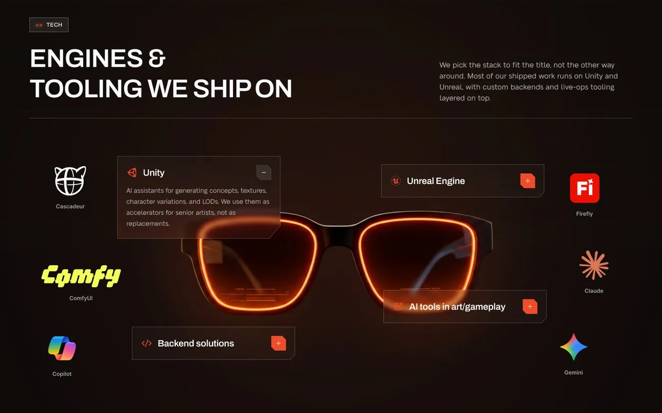Home page block “Engines and tooling we ship on”: Unity, Unreal Engine, backend solutions and AI tools arranged around a pair of glowing glasses.