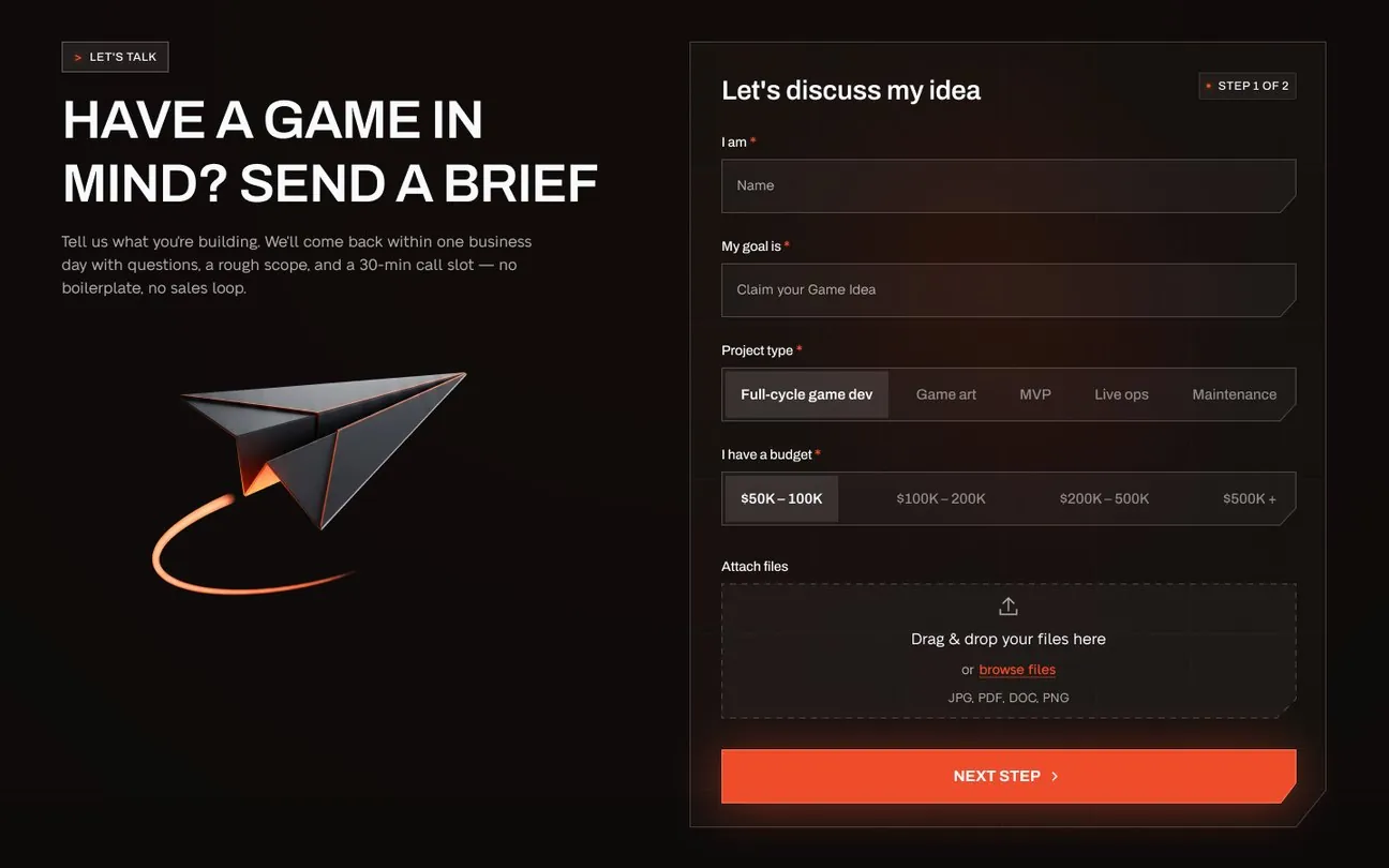 Home page block “Have a game in mind? Send a brief”: step one of the brief with project type chips and budget bands.