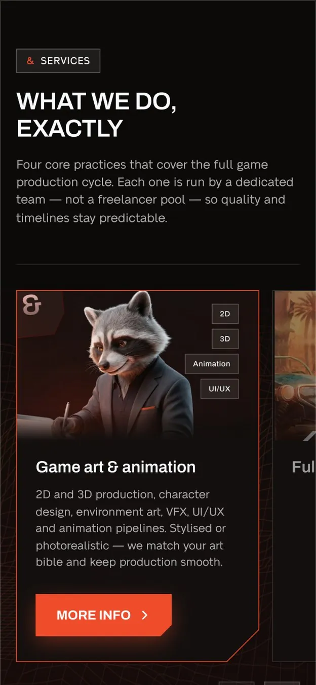 Mobile home: “What we do, exactly” with the Game art and animation card.