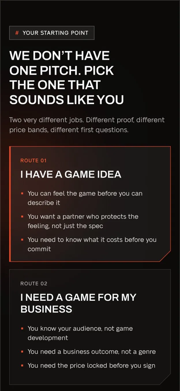 Mobile services page: “We don’t have one pitch”, with two routes.