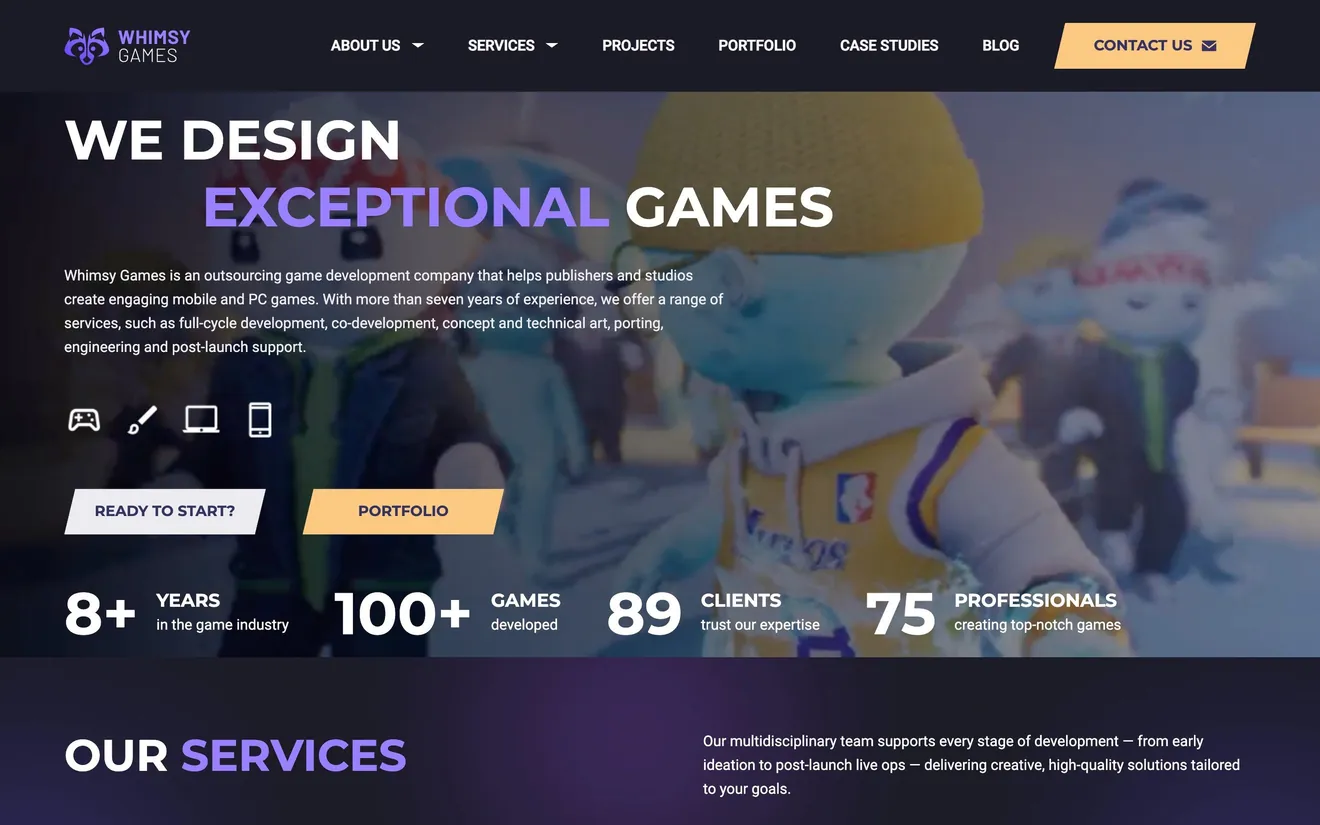 The old whimsygames.co home page: a purple cartoon world, “We design exceptional games”, yellow buttons “Ready to start?” and “Portfolio”, and four stat blocks.