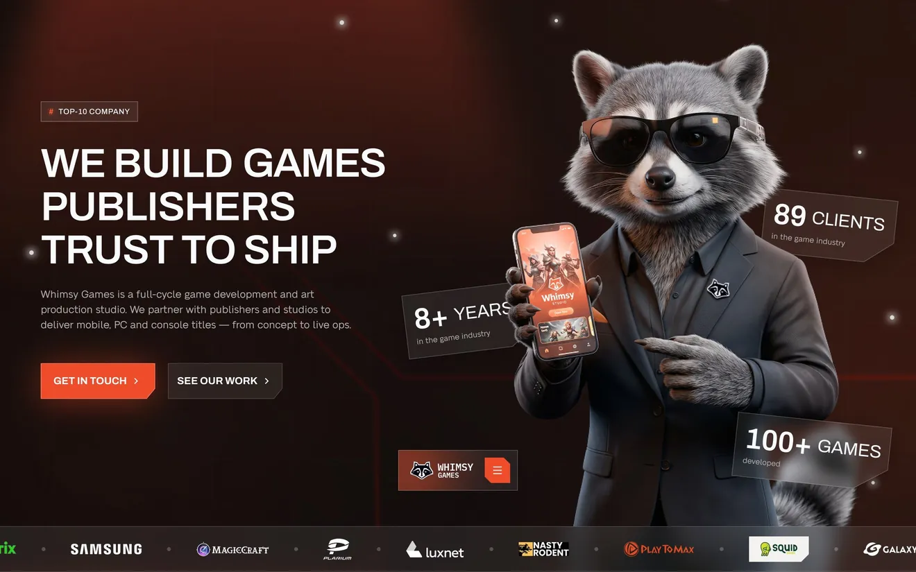 New home page, first screen: “We build games publishers trust to ship”, the raccoon host in a suit, 8+ years, 89 clients, 100+ games and a row of partner logos.
