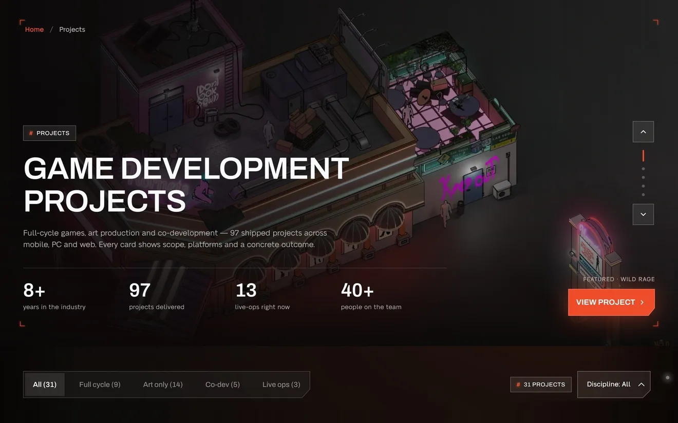 New projects page, first screen: “Game development projects” over an isometric game scene, studio numbers and a filter bar: All 31, Full cycle 9, Art only 14, Co-dev 5, Live ops 3.
