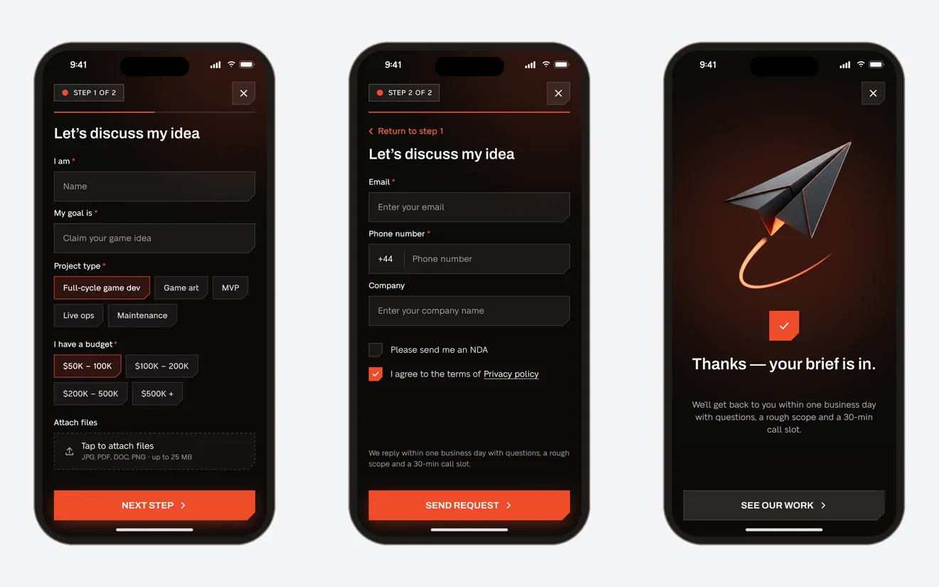The brief on a phone in three steps: name, goal, project type and budget band; email, phone and an NDA checkbox; and “Thanks — your brief is in.”
