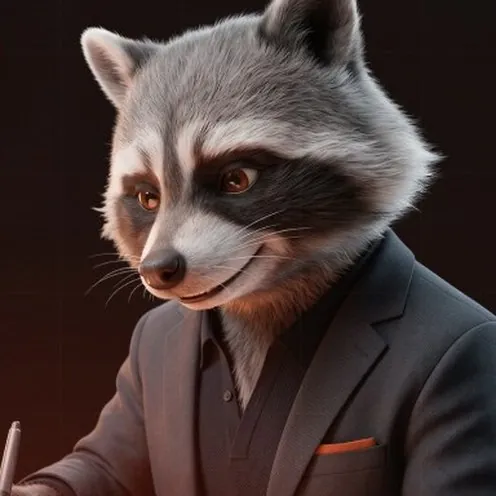 The raccoon in a suit, drawing at a desk.