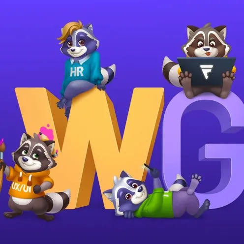 The old mascot: cartoon raccoons on the purple WG logo.