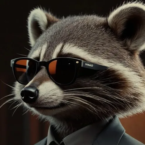 The raccoon in sunglasses, close up.
