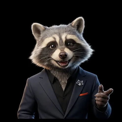 The raccoon pointing forward with a smile.