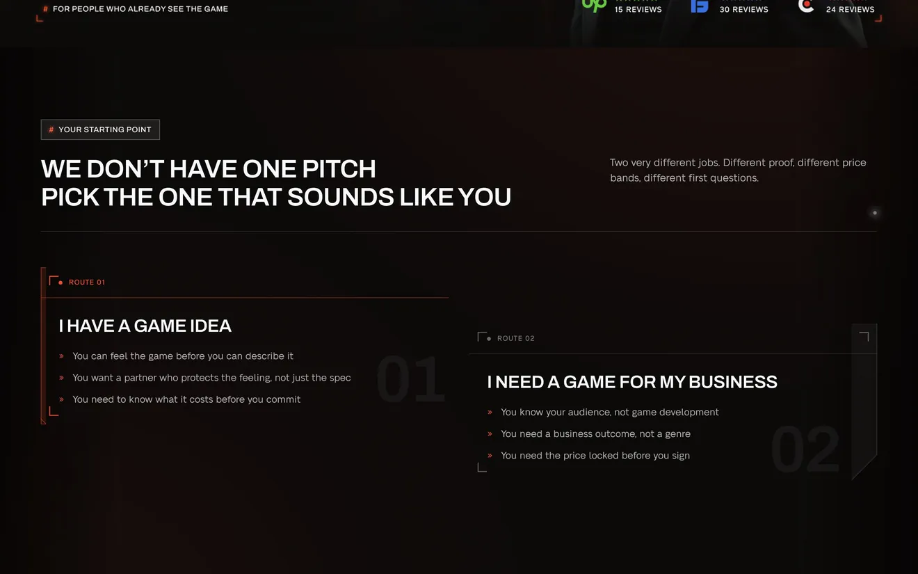 The new services page: “We don’t have one pitch. Pick the one that sounds like you”, with route 01 “I have a game idea” and route 02 “I need a game for my business”.
