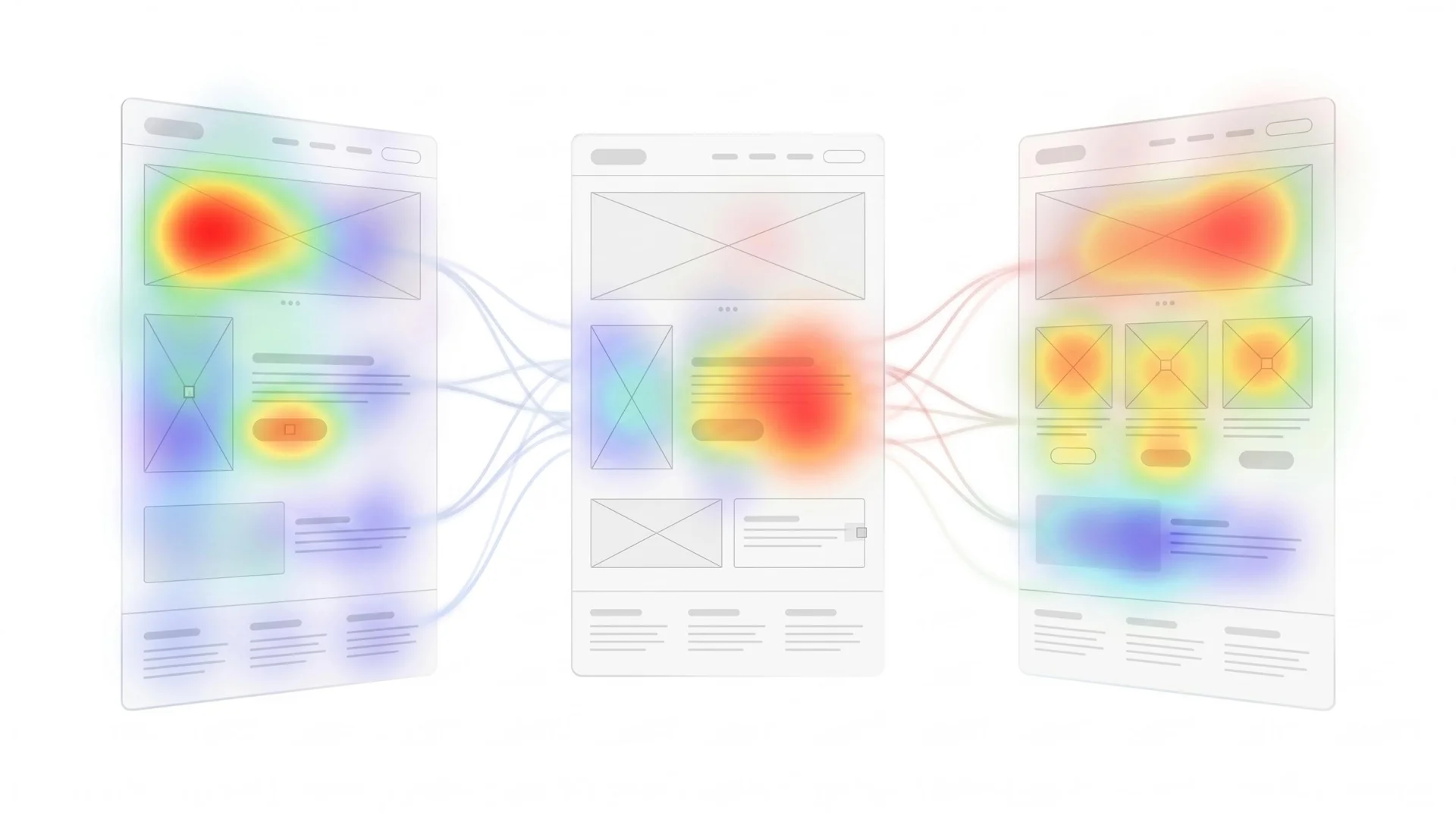 Three interfaces connected by user flows and heatmaps